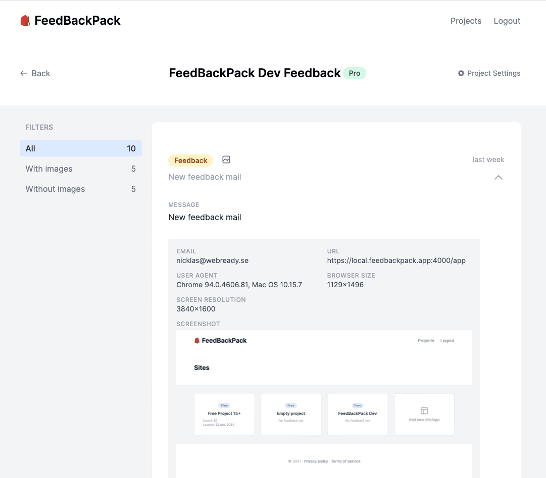 Image of Dashboard inside of FeedBackPack
